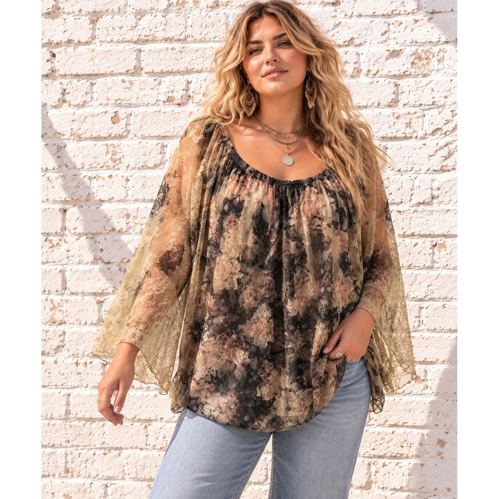 Vintage Brittany Black Tan Lace Floral Bell Sleeve Boho Fairycore Blouse 3X